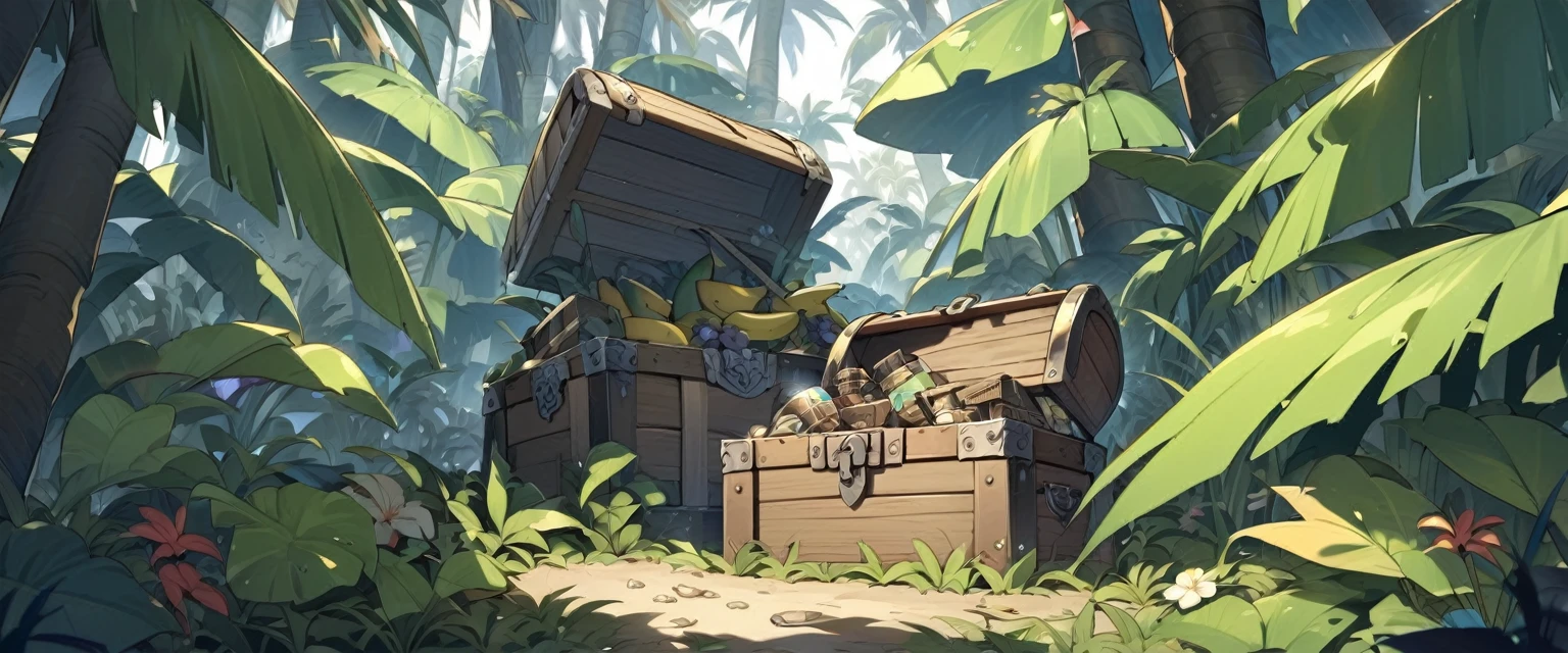 Old treasure chest in banana forest