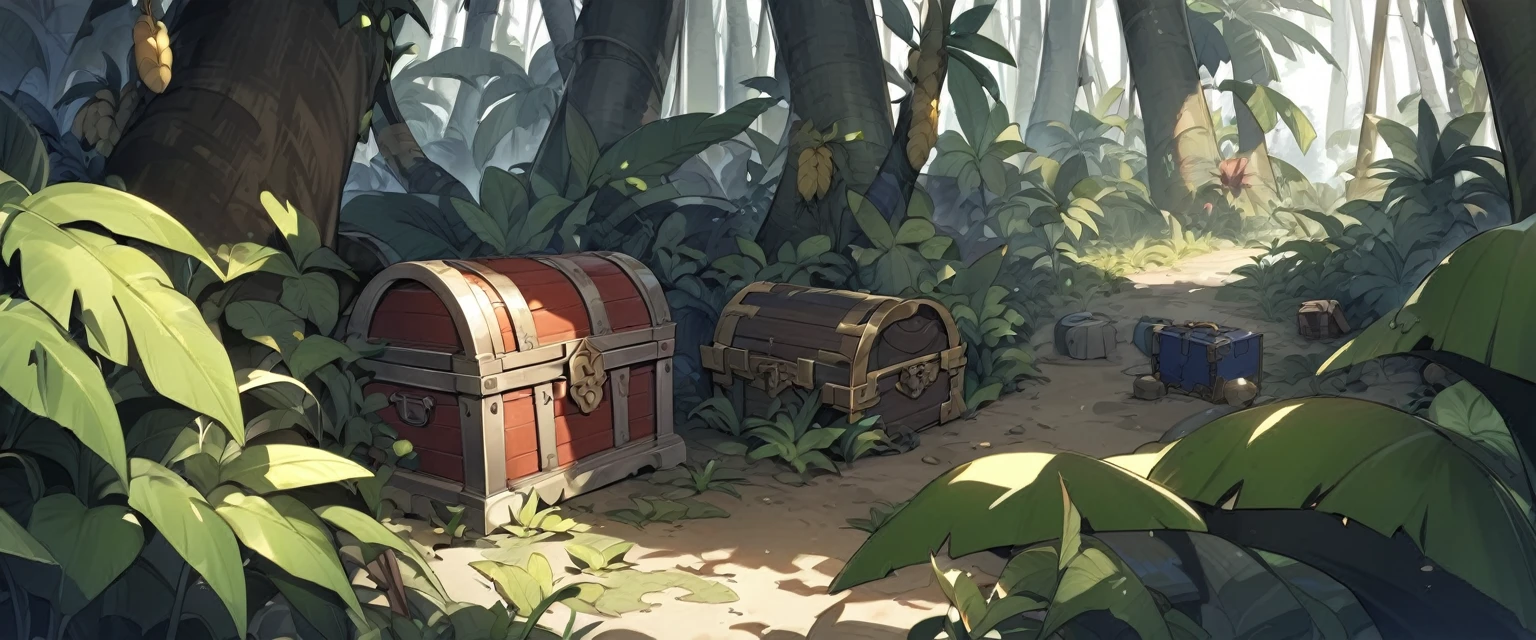 Old treasure chest in banana forest