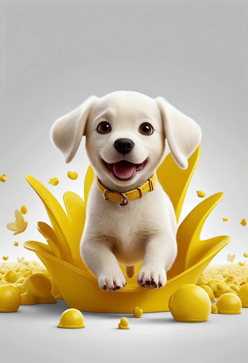 Create a Disney PIXAR style 3D poster. ((center of image, white background)), ((1 yellow puppy dog, white background)), all in Disney PIXAR 3D style, pop-mart, soft lighting, smooth lines, Spring tilt, Detailed PIXAR 3D illustrations , Hyper-realistic details, warm color in Disney PIXAR 3D style)), on white background, little yellow puppy dog running