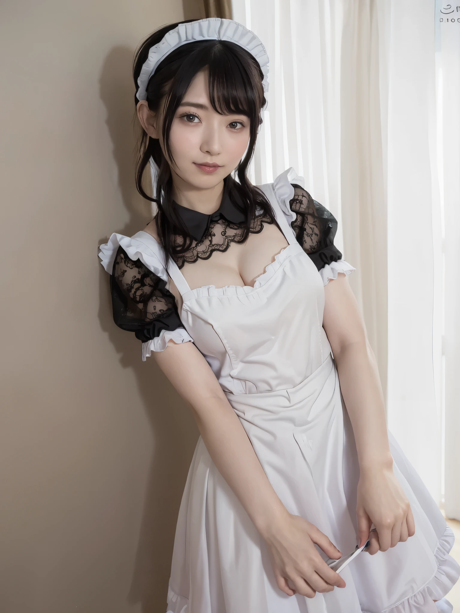 (Highest quality:1.9)、(High resolution)、Live-action image quality、((20-year-old woman、1 person))、Soft lighting by a professional photographer、Natural light、((Very spacious white luxurious room:1.6))、((Bright white room:1.6))、(Standing in front of a very luxurious white bed:1.2)、(White bookshelf background:1.1)、Natural soft light、((Black Hair Color:1.1))、Fair skin、Detailed Eyes、double eyelid、Slightly puffy cheeks、((Small Face:1.0))、(Black lace frilly maid outfit:1.5)、(black maid_cosplay:1.5), (breasts, puffy short sleeves, puffy sleeves, short sleeves, maid headdress, chain, frills, cowboy shot, large breasts, pointy hair, gloves,gothic, gothic maid)、(Cute Smile)、((Girly pose 1.8))、((Curly Hair:1.1))、((Full Body Shot:1.2))、((Height: 165cm))、Hands in front、Holding hands in front of the apron