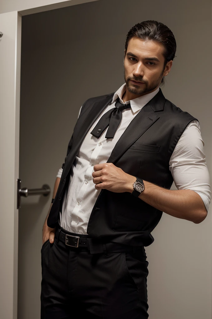 He’s wearing a slim-fit black dress shirt with a classic collar, featuring a subtle texture for added interest. His well-fitted black chinos are perfectly tailored, offering a sleek yet comfortable look. On his feet are polished black leather loafers, adding a touch of sophistication. Over his shirt, he’s donned a tailored black blazer, which elevates his ensemble to a more formal level. His accessories include a simple black leather belt and a minimalist black watch. His hair is neatly styled, and his facial hair is well-groomed, exuding confidence. A subtle, pleasant cologne completes his look, ensuring a lasting impression. This outfit perfectly balances casual elegance and style, making him ready for a memorable date.