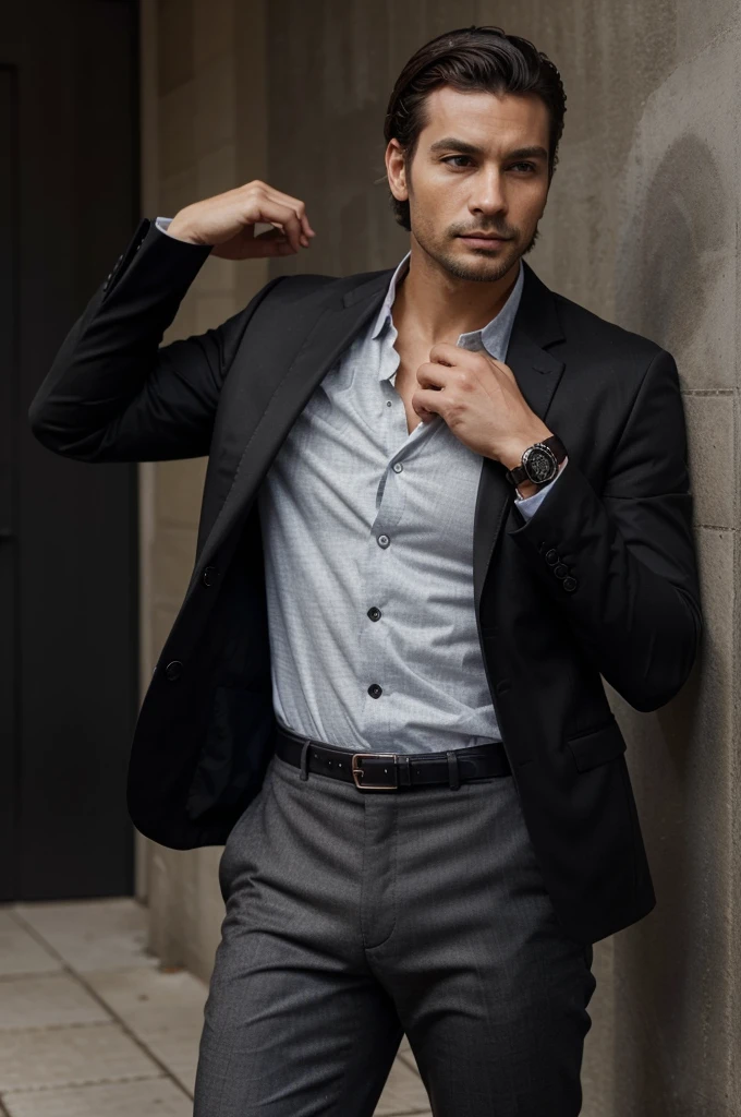 He’s wearing a slim-fit black dress shirt with a classic collar, featuring a subtle texture for added interest. His well-fitted black chinos are perfectly tailored, offering a sleek yet comfortable look. On his feet are polished black leather loafers, adding a touch of sophistication. Over his shirt, he’s donned a tailored black blazer, which elevates his ensemble to a more formal level. His accessories include a simple black leather belt and a minimalist black watch. His hair is neatly styled, and his facial hair is well-groomed, exuding confidence. A subtle, pleasant cologne completes his look, ensuring a lasting impression. This outfit perfectly balances casual elegance and style, making him ready for a memorable date.