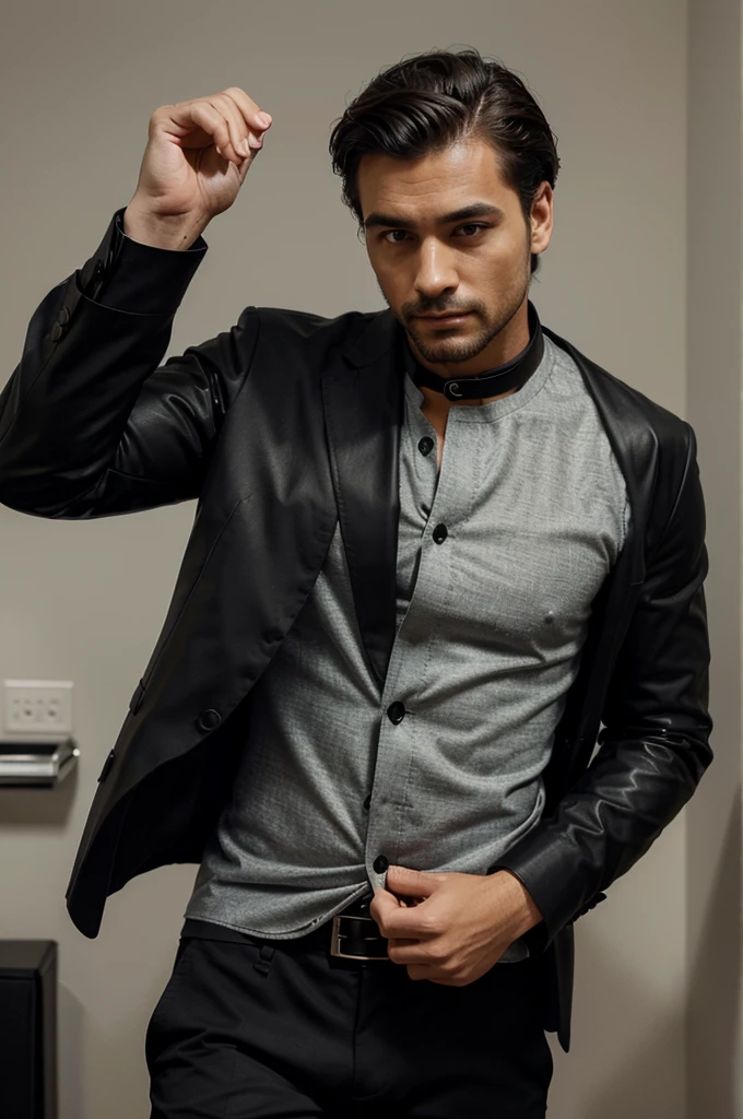 He’s wearing a slim-fit black dress shirt with a classic collar, featuring a subtle texture for added interest. His well-fitted black chinos are perfectly tailored, offering a sleek yet comfortable look. On his feet are polished black leather loafers, adding a touch of sophistication. Over his shirt, he’s donned a tailored black blazer, which elevates his ensemble to a more formal level. His accessories include a simple black leather belt and a minimalist black watch. His hair is neatly styled, and his facial hair is well-groomed, exuding confidence. A subtle, pleasant cologne completes his look, ensuring a lasting impression. This outfit perfectly balances casual elegance and style, making him ready for a memorable date.