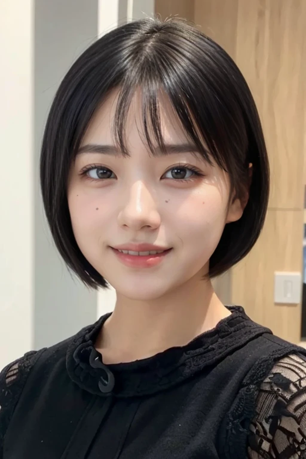 (natural lighting:1.3), 8k, RAW photo, best quality, masterpiece, realistic, photo-realistic, clear, beautiful face, no makeup, best quality, ultra high res, BREAK, Japanese cute girl, 14 years old, (short cut hair:1.2), smile, standing, BREAK, (black eyes, black hair:1.2), inside jewelry store