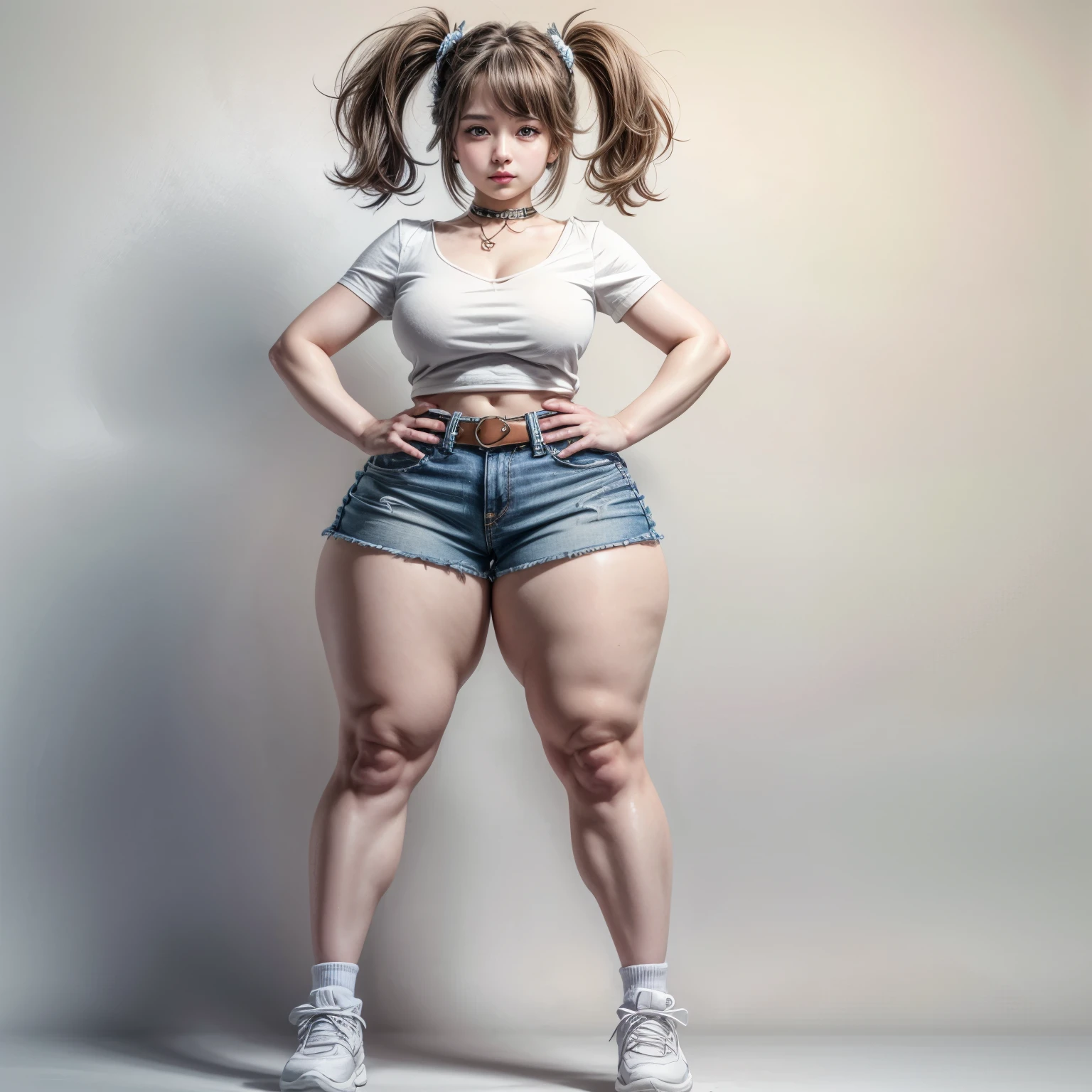 blank background, (((full body))), (masterpiece), ((best quality)), (very short girl), flat chest, short twintail, (wide hips:1.4), (thick thighs:1.4), (very short skirt), toeless footwear, belt below navel, fanny packs, bags