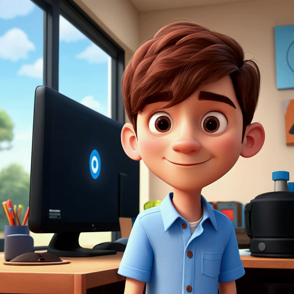 3D Pixar style drawing create scene with 40 year old young man, light color, short dark brown hair, stylish glasses, with blue and red clothes, with light blue background inside a circle