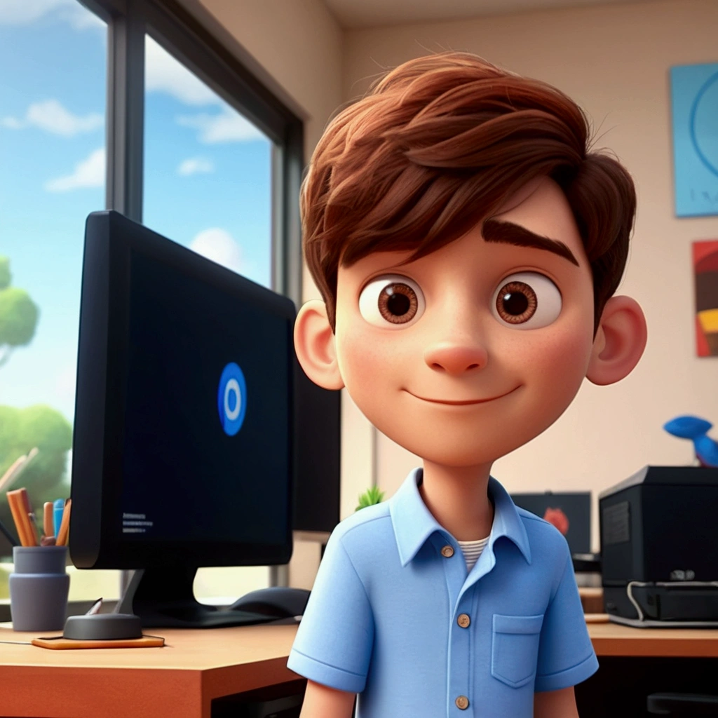 3D Pixar style drawing create scene with 40 year old young man, light color, short dark brown hair, stylish glasses, with blue and red clothes, with light blue background inside a circle