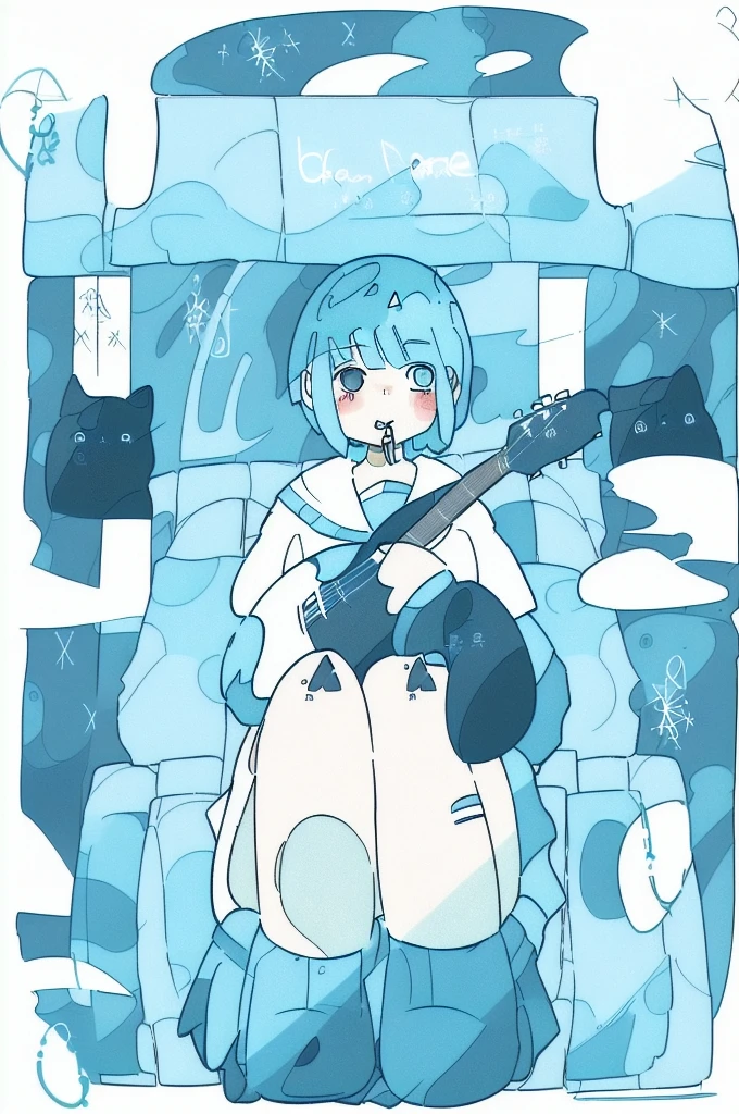 by haru, 1girl, instrument, solo, guitar, one eye closed, skirt, neckerchief, short sleeves, sailor collar,, short hair, shirt, cat, holding instrument, holding, white shirt
