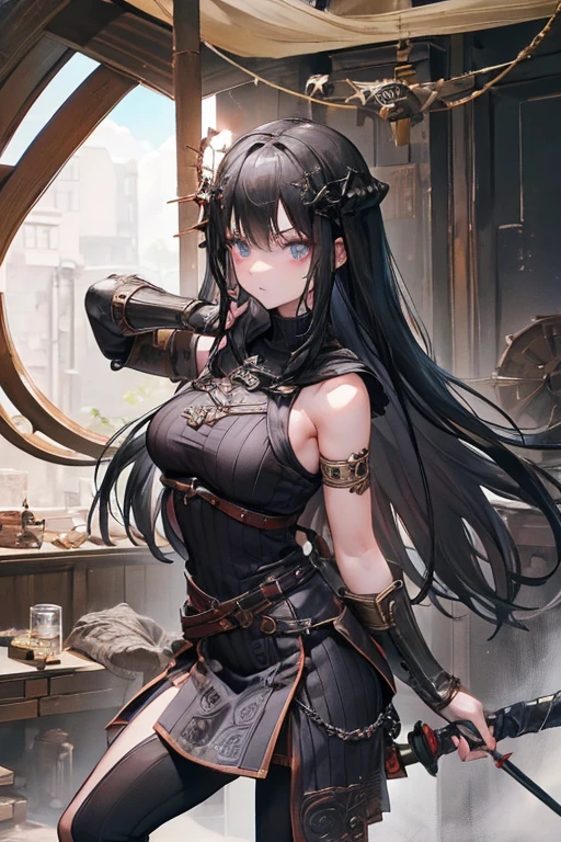 A black-haired girl wears viking helmet wields the Heavy Thrusting Swords from within the Elden Ring in a reverse grip.