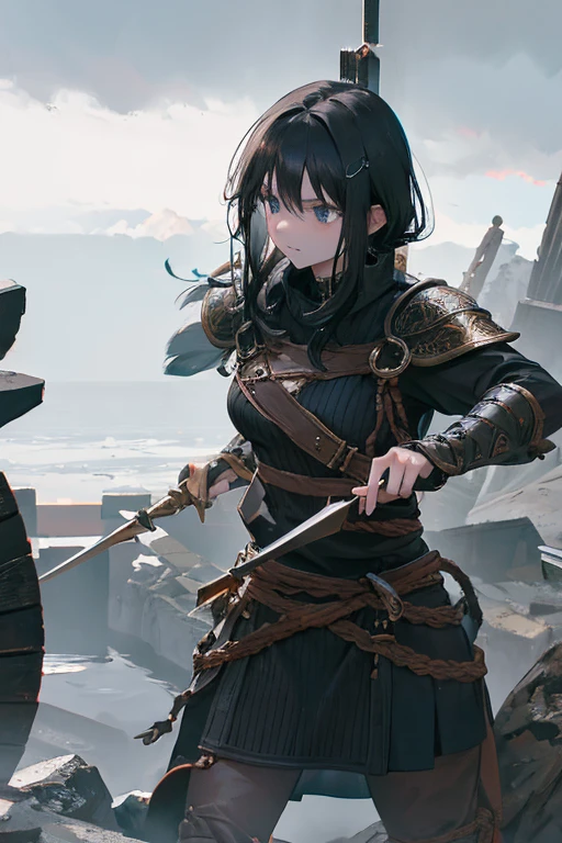 A black-haired girl wears viking helmet wields the Heavy Thrusting Swords from within the Elden Ring in a reverse grip.