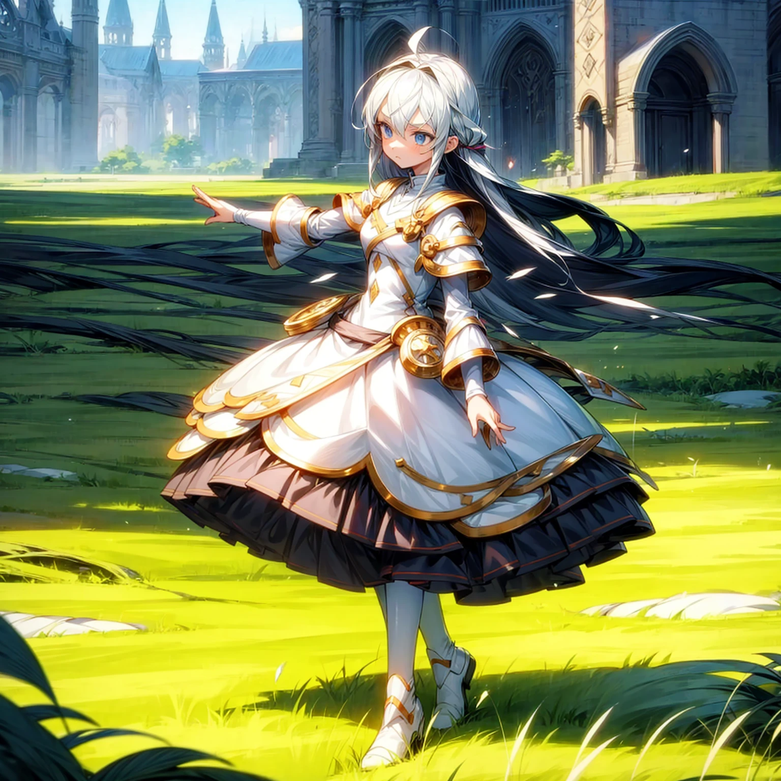 Children girl, sad eyes, Blue eyes, white long hair, knife in hand, motion blur, white armor, (Hunter x Hunter style art)