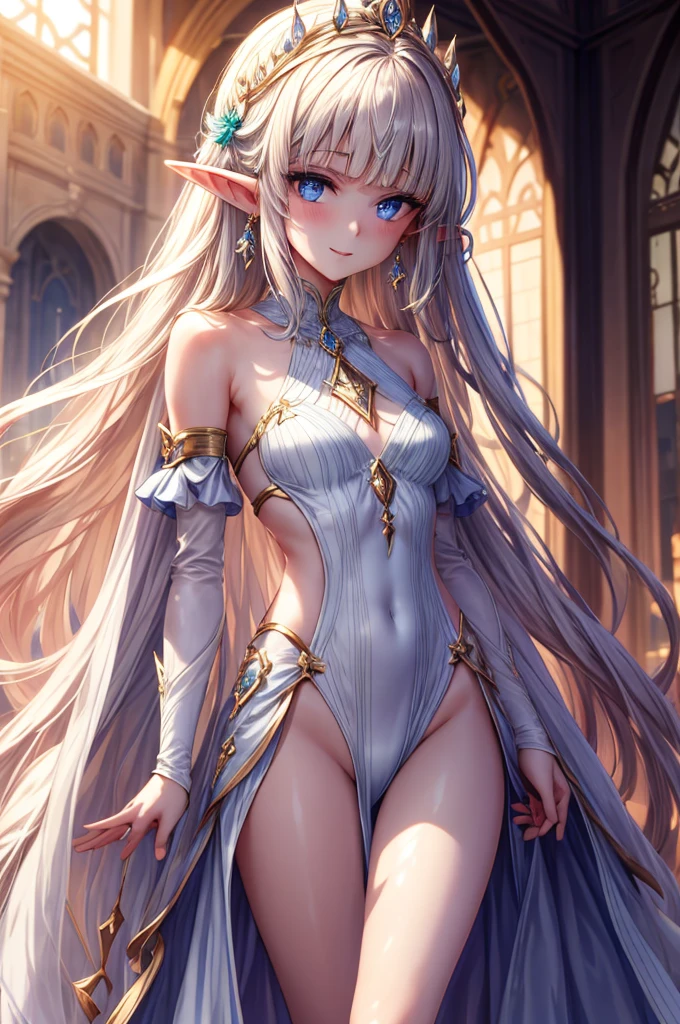 Smile、cute、beautiful girl、One Girl, a beautiful elf girl, Beige blue long straight hair, Elven pointy ears,  Detailed顔, Delicate eyes, Detailed瞳孔, Beautiful and delicate lips, Pale skin, ゴージャスなDetailedドレス, Royalty, celebration, elegant, Noble, Bare shoulders, small crystal earrings, Hand-drawn animation, Detailed, Palace Ballroom, Symmetrical clothing, Highest quality, masterpiece, fair,