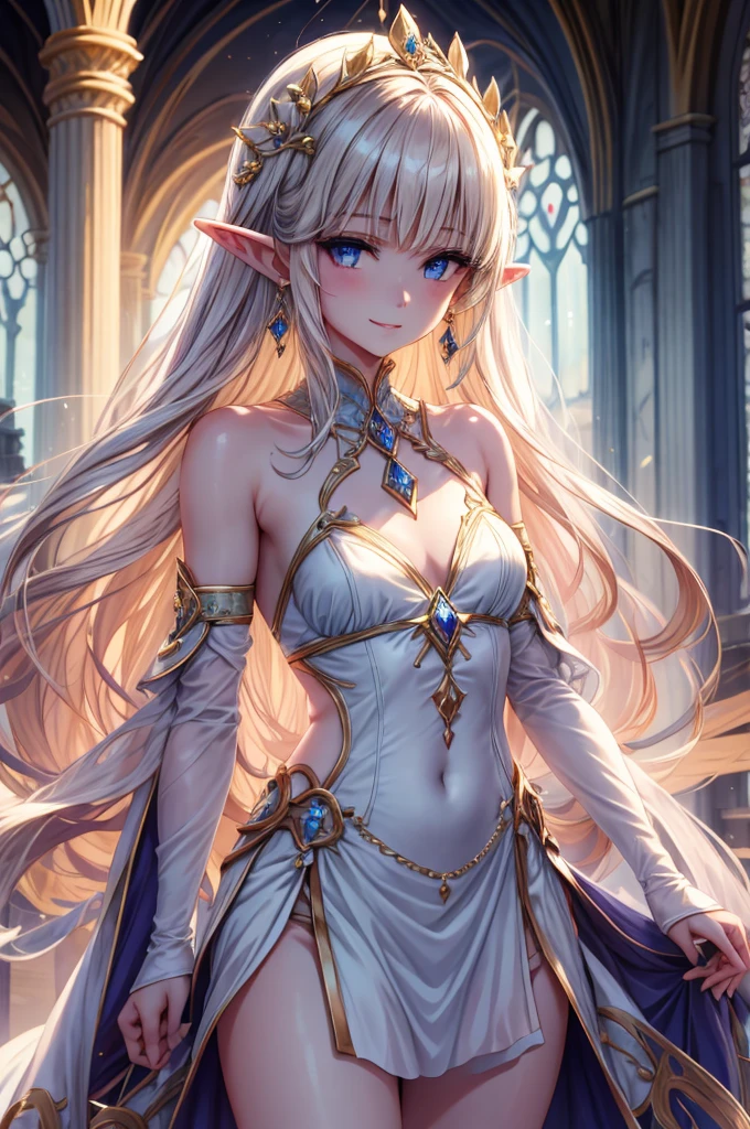 Smile、cute、beautiful girl、One Girl, a beautiful elf girl, Beige blue long straight hair, Elven pointy ears,  Detailed顔, Delicate eyes, Detailed瞳孔, Beautiful and delicate lips, Pale skin, ゴージャスなDetailedドレス, Royalty, celebration, elegant, Noble, Bare shoulders, small crystal earrings, Hand-drawn animation, Detailed, Palace Ballroom, Symmetrical clothing, Highest quality, masterpiece, fair,