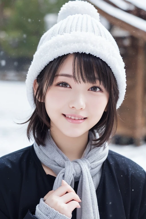 Beautiful Japanese Women,(Winter clothes:1.2), Age 25、Green coat, Total Neck、White snow hat, (RAW Photos, Highest quality), (reality, Realistic:1.4), (Pieces fly), Clean look、double eyelid、very detailed eyes and face, Beautiful and detailed nose, Beautiful eyes, Perfect Anatomy, Black short hair, bangs、ponytail、Crystal skin, A cool smile、Face Focus、 The background is snowy mountains、The weather is snow、