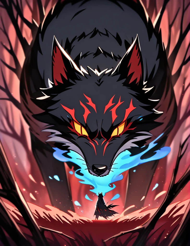 angry and salivating black wolf, coming out of a blue fire, with a red forest of dead trees in the background