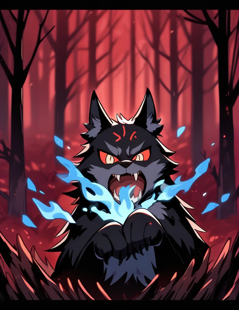 angry and salivating black wolf, coming out of a blue fire, with a red forest of dead trees in the background