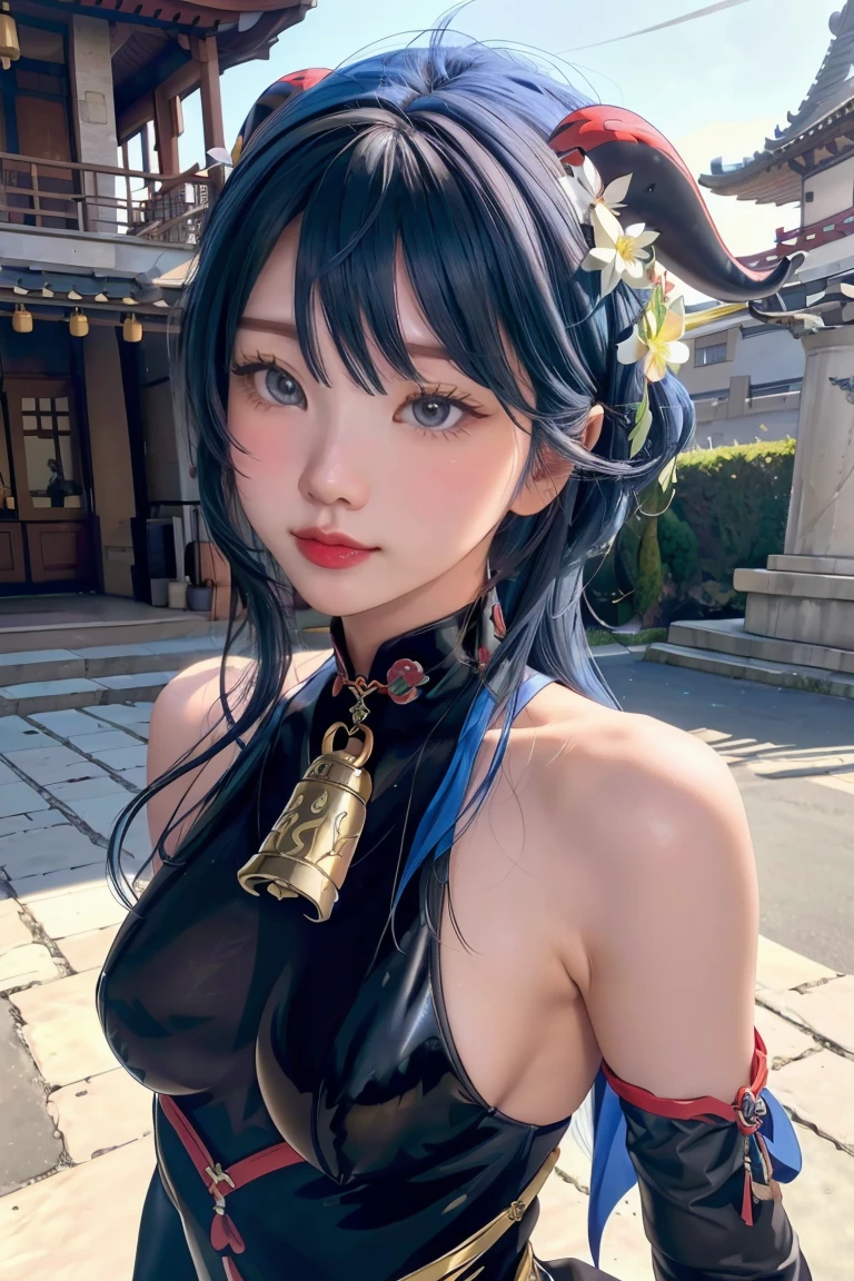 (photorealistic:1.4), (masterpiece, sidelighting, finely detailed beautiful eyes: 1.2), masterpiece*portrait, realistic, 3d face, 
ganyu \(genshin impact\), 1girl, ahoge, architecture, bangs, bare shoulders, bell, black gloves, black pantyhose, (blue hair), blush, breasts, chinese knot, detached sleeves, flower knot, gloves, horns, long hair, looking at viewer, medium breasts, neck bell
 