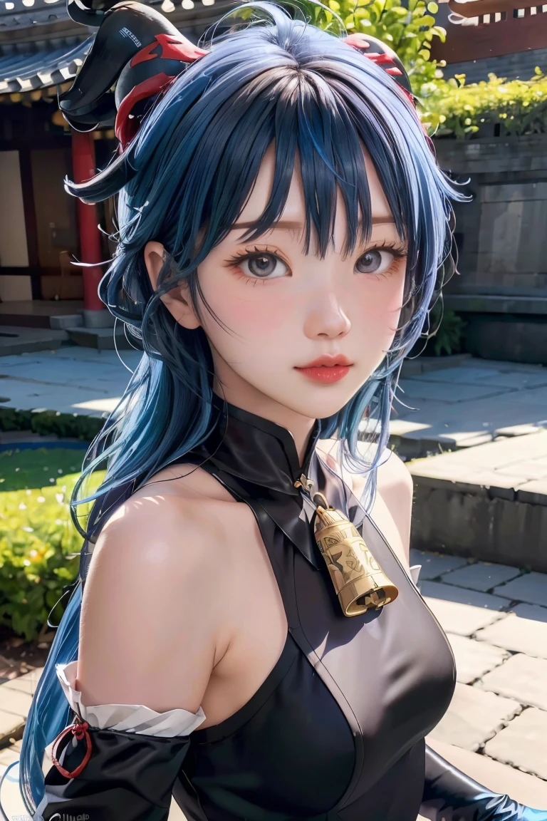 (photorealistic:1.4), (masterpiece, sidelighting, finely detailed beautiful eyes: 1.2), masterpiece*portrait, realistic, 3d face, 
ganyu \(genshin impact\), 1girl, ahoge, architecture, bangs, bare shoulders, bell, black gloves, black pantyhose, (blue hair), blush, breasts, chinese knot, detached sleeves, flower knot, gloves, horns, long hair, looking at viewer, medium breasts, neck bell
 