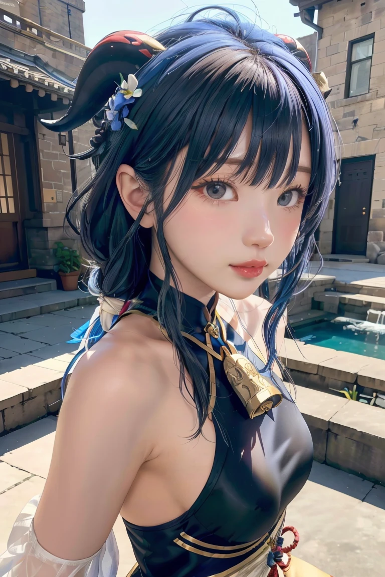 (photorealistic:1.4), (masterpiece, sidelighting, finely detailed beautiful eyes: 1.2), masterpiece*portrait, realistic, 3d face, 
ganyu \(genshin impact\), 1girl, ahoge, architecture, bangs, bare shoulders, bell, black gloves, black pantyhose, (blue hair), blush, breasts, chinese knot, detached sleeves, flower knot, gloves, horns, long hair, looking at viewer, medium breasts, neck bell
 