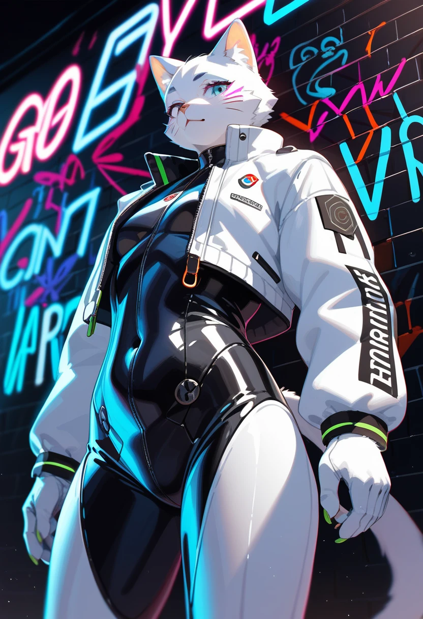 animation, Highest quality, Highest quality, High quality illustrations, masterpiece, Ultra-high resolution, Detailed Background, Futuristic Bar, Graffiti art on the wall, Absurd, Perfect Anatomy, performance, Good lighting, Shadows in the movies(kemono, Furry PersonifiCation), Cat, Blueskin, White Rubber Suit, latex, neon, neonライト, neonカラー, Bodysuits, Cyber Suit, Leather Half Jacket, cyber punk, Dynamic Angle