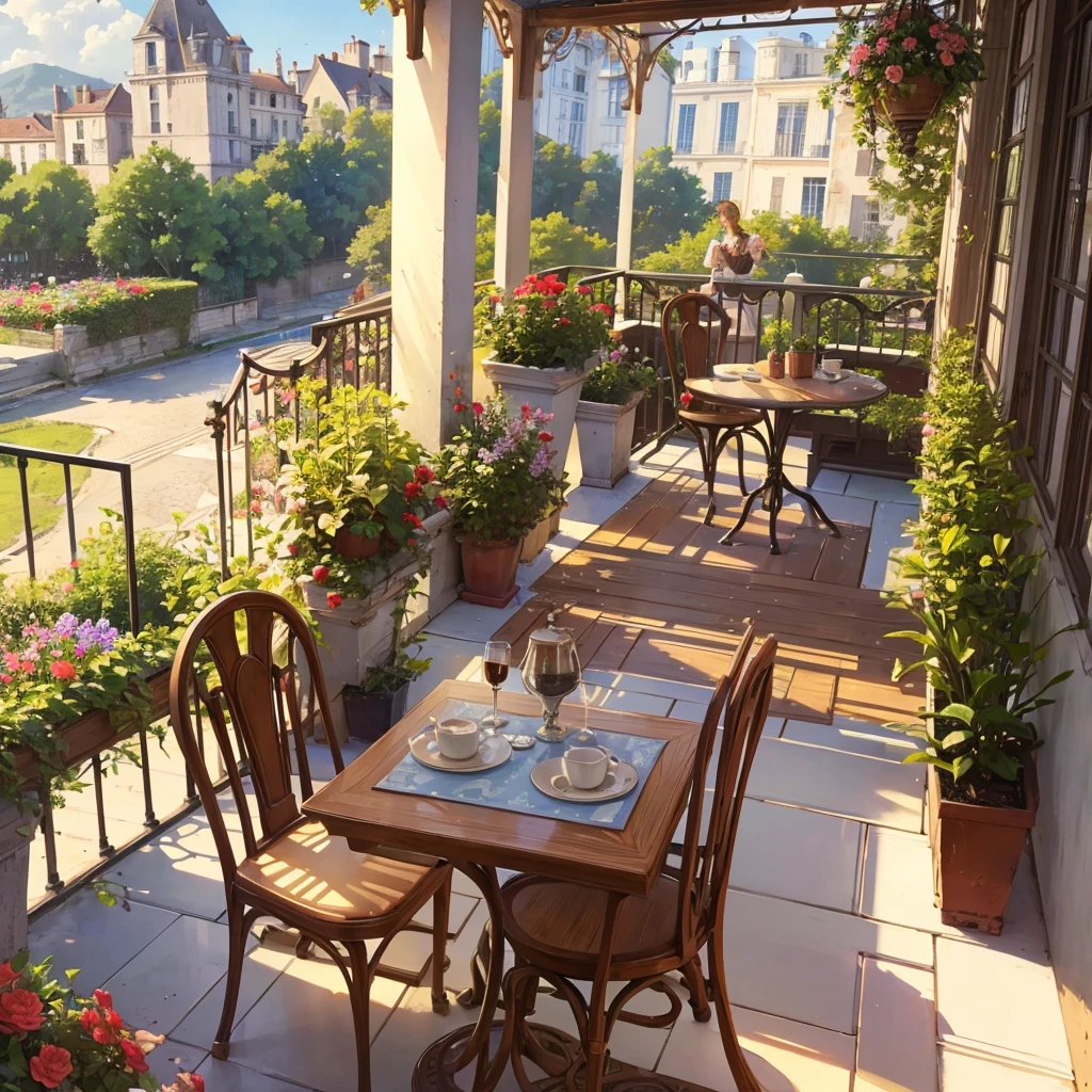Beautiful balcony decorated with beautiful flowers, Coffee and cake are on the small round table, French style with a beautiful panoramic view