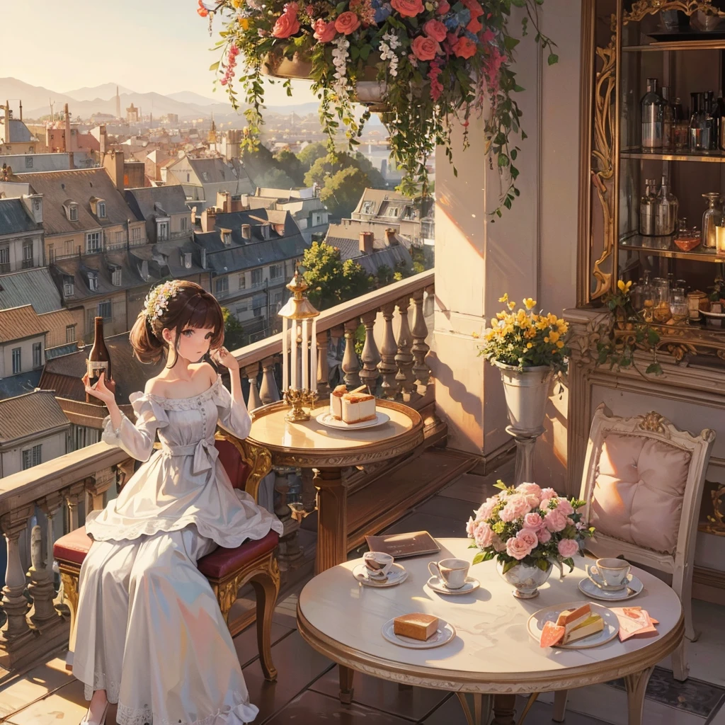 Beautiful balcony decorated with beautiful flowers, Coffee and cake are on the small round table, French style with a beautiful panoramic view