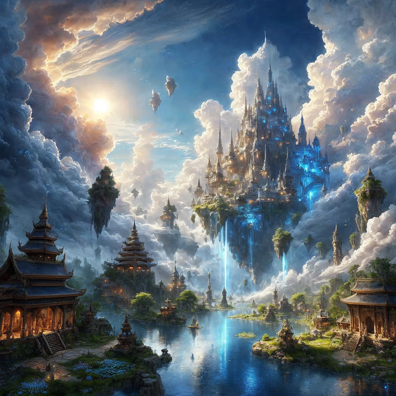 Fantasy castle surrounded by clouds and water with waterfall., Detailed fantasy digital art, highly Detailed fantasy art, Amazing fantasy art, floating in the clouds, Highly detailed fantasy, city floating on clouds, Detailed fantasy art, Highly detailed 4k digital art., floating city in the sky, Beautifully detailed fantasy, Grand fantasy digital art style, Symmetrical grand fantasy art