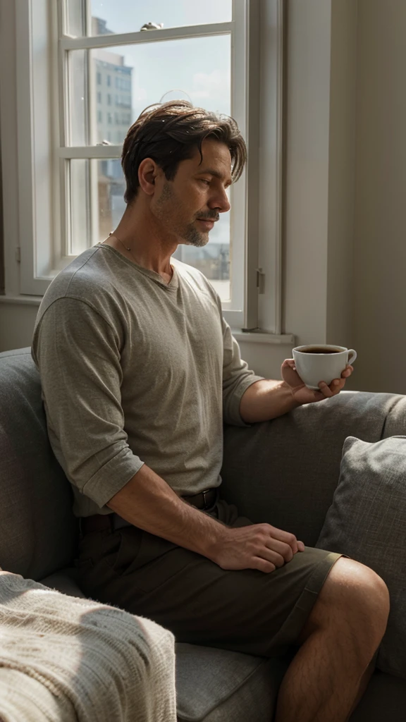 a man in his 40s, sitting on a sofa, meditative, drinking a cup of coffee, next to a large window with bright morning light streaming in