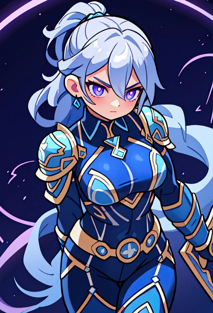 a heroic blue female Valkyrie with muscular biceps, has purple eye pupils, blue lightning flowing through her hands, wears platinum armor, (dynamic) (elegant) (beautiful)