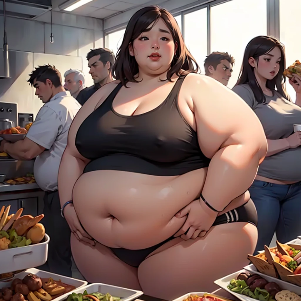 (masterpiece, detailed, realistic:1.2), korean woman, young, teenager, USSBBW, (morbidly obese, fatblob:1.3), (gigantic belly:1.3), (detailed face, beautiful face), high aesthetic, eating junk food, panties, surrounded by concerned friends, restauraunt