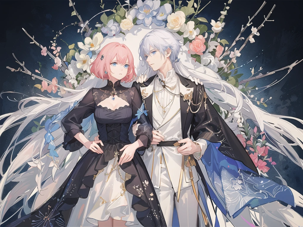 (Golden Ratio:1.2),(elegant anime male character:1.4),(male:1.6),(pink hair:1.2),(blue eyes:1.3),(Victorian-style outfit:1.2),[(white background:1.4)::10],(intricate floral patterns:1.3),(holding a pendant:1.2),(somber expression:1.3),(abstract, floating pieces in background:1.3),(dramatic atmosphere:1.3),(ethereal:1.3),(high detail:1.2),(vibrant colors:1.3),(fantasy aesthetic:1.4), (black and red outfit:1.3),(floral designs:1.2),(delicate jewelry:1.2),(mysterious vibe:1.3),(romantic:1.3),(dark elegance:1.4),(anime style:1.4),(character focus:1.3)
