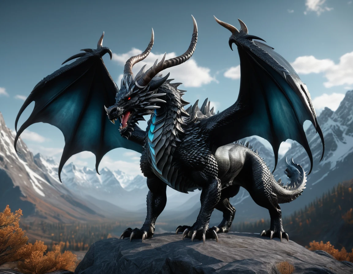 full body portrait of a realistic obsidian dragon, wings, horns, antlers, twisting horns, curled horns, wolf shaped head, opalescent scales, white eyes, mysterious mountain scenery, full body, cinematic, render, 8k, unreal engine, realistic, masterpiece, high detail, full body, low life, volumetric lighting