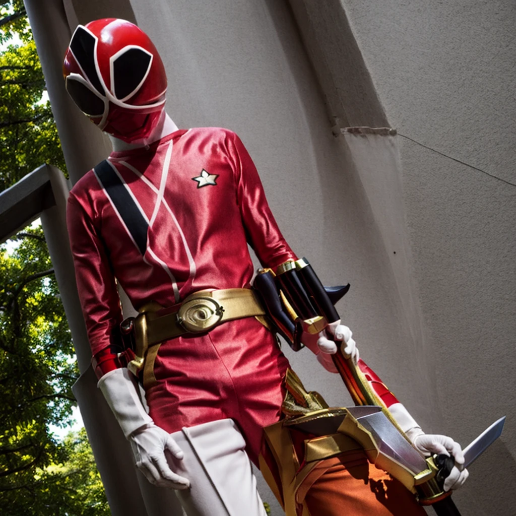 Power rangers samurai red ranger in super samurai attire, dynamic pose , holding iconic power ranger samurai sword , super detailed ,8k cinematic,