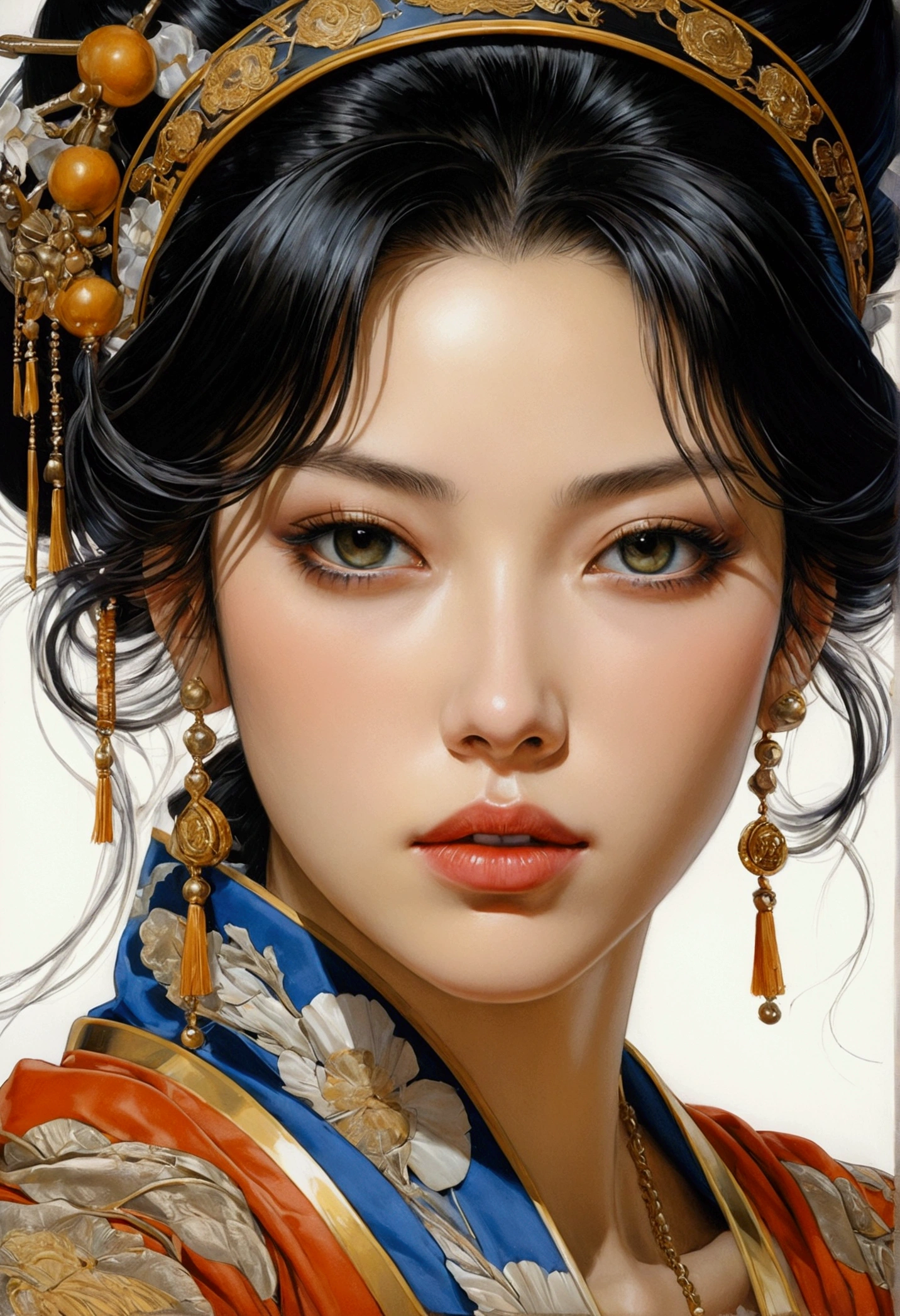 wgz style,Highly detailed portrait of a beautiful woman,Perfect female makeup,Classical Oil Painting,Masamune Shirow, William Tae Kim