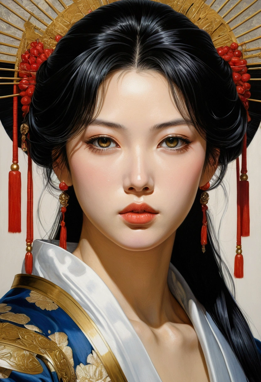 wgz style,Highly detailed portrait of a beautiful woman,Perfect female makeup,Classical Oil Painting,Masamune Shirow, William Tae Kim