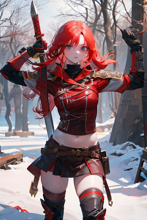 A red-haired girl wields the Heavy Thrusting Swords from within the Elden Ring in a reverse grip.