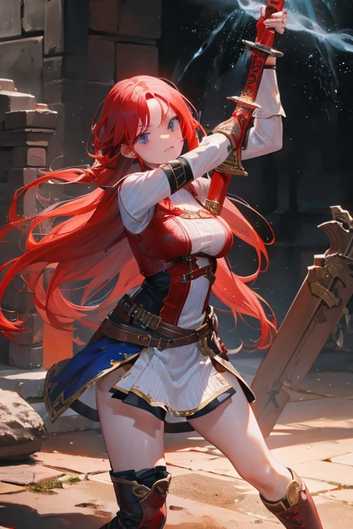 A red-haired girl wields the Heavy Thrusting Swords from within the Elden Ring in a reverse grip.