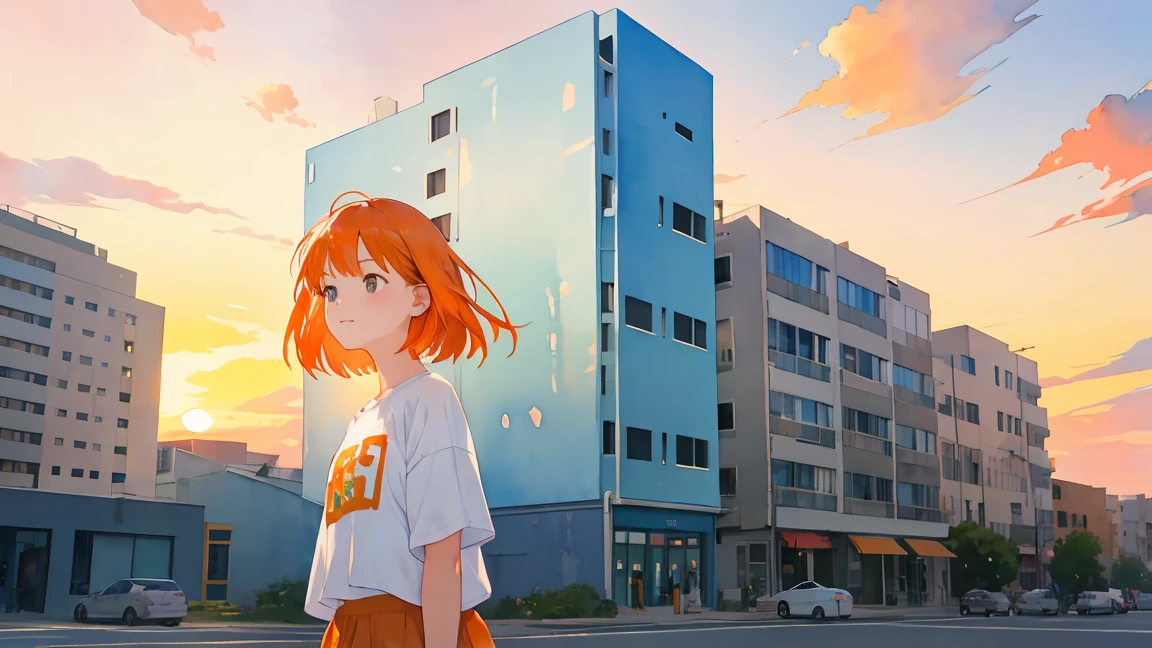 watercolor,building,Girl in the distance,sunset,setting sun,Big Sky,Orange Hair,Bob Hair,Sad expression,crouch,high resolution,White T-shirt,