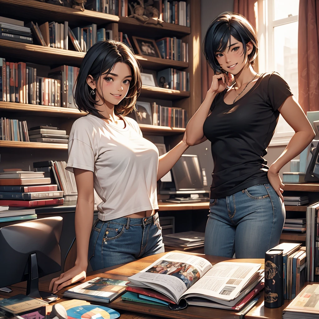 Highest quality, One girl, ((View your viewers)), Dark blue hair, Iris, Very short hair, Spiky Hair, Ahoge, T-Shirts, High Waist Jeans, 171cm, Messy Hair, Hair between the eyes, Medium chest, Large Breasts, plump, Dark Skin, Tomboy, Adult, 20-year-old, One girl, alone, only, Grin, Wide Hips, Thighs, Are standing, Messy room, Bedroom, shelf, dvd, Book, video game, computer, cd, record, VHS Tape,