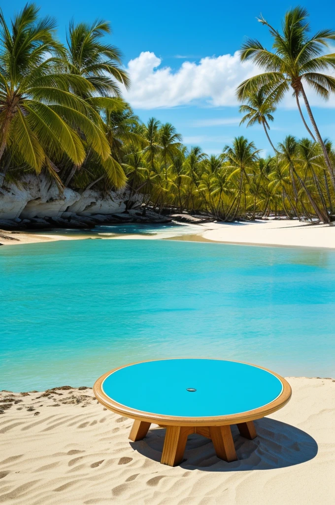 The scene should depict a serene beach setting during summer. In the foreground, focus on a wooden table with nothing on it. The background should include elements typical of a beach, such as clear blue skies, turquoise waters, palm trees, and sandy shores. The overall atmosphere should be refreshing and inviting, evoking the essence of summer relaxation at a beach. Ensure there is no text in the image.