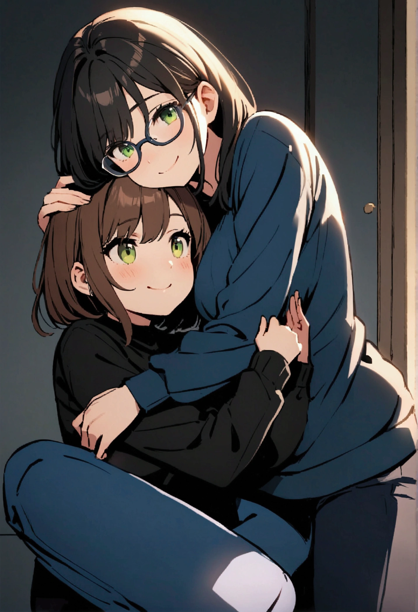 a cute smiling green-eyed girl with long brown hair and glasses with a big chest wearing a long-sleeved blue t-shirt with blue pants cuddling a shy golden-eyed girl with black hair wearing a black sweater with pants black