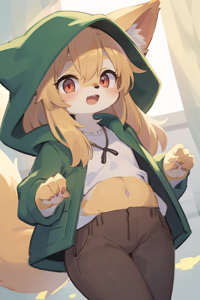 flat color, shota the fox, , was hairy, shaggy, skin fur, smooth lashes, golden fur, forelimb hands, straight long blonde hair, solid circle eyes, golden ears, golden fur, golden facial fur, shiny hair, red eyes, super cute face, 1fox tail, fluffy tail, furry tail, glowing eyes, green coat green hood down, brown trousers, open mouth, ambient light, ultra-fine fur, dashed eyes, masterpiece, high quality, high-details, best quality, (solo)