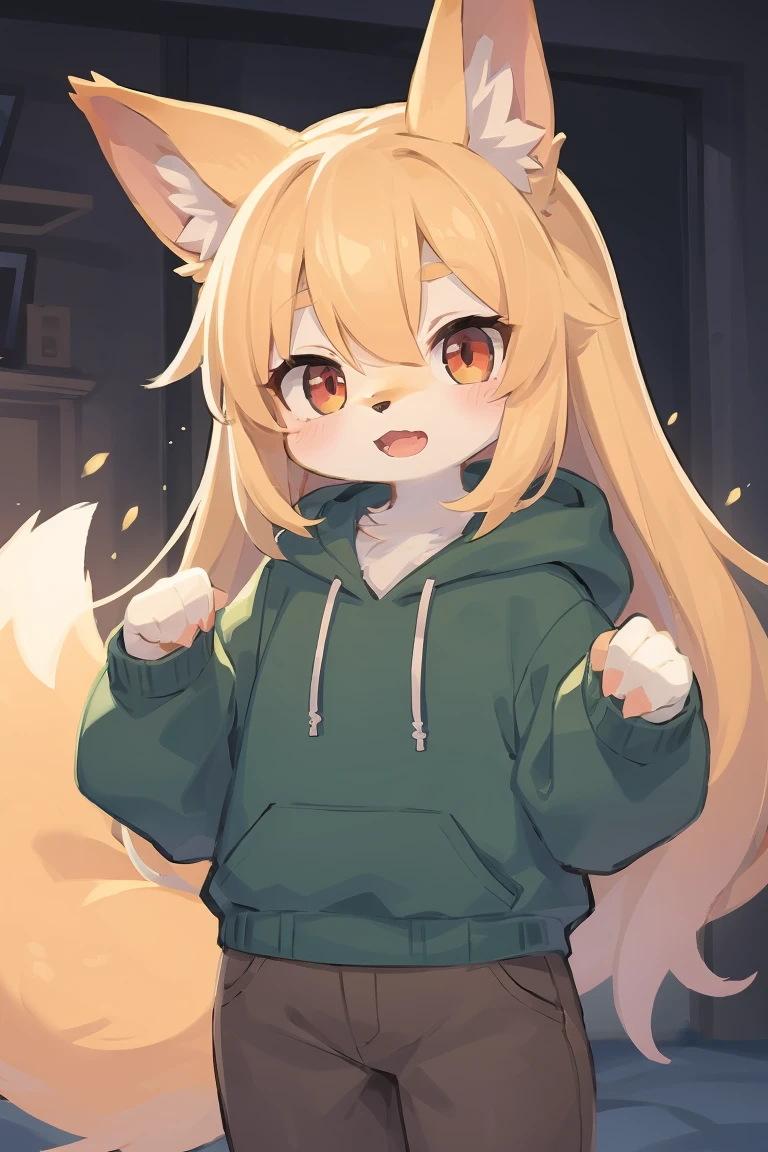 flat color, shota the fox, , was hairy, shaggy, skin fur, smooth lashes, golden fur, forelimb hands, straight long blonde hair, solid circle eyes, golden ears, golden fur, golden facial fur, shiny hair, red eyes, super cute face, 1fox tail, fluffy tail, furry tail, glowing eyes, green coat green hood down, brown trousers, open mouth, ambient light, ultra-fine fur, dashed eyes, masterpiece, high quality, high-details, best quality, (solo)