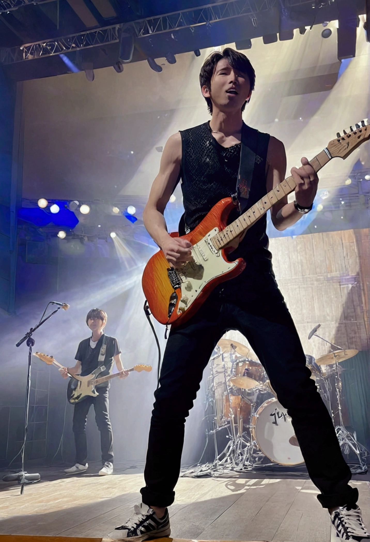 Kyoto Animation、6 stringens、Band member、Sing powerfully、Electric guitar、Fender Stratocaster、Big Stage、front、sneakers、The face is not clearly visible due to backlighting。Black Pants、Stand microphone