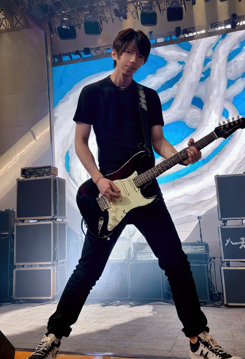 Kyoto Animation、6 stringens、Band member、Sing powerfully、Electric guitar、Fender Stratocaster、Big Stage、front、sneakers、The face is not clearly visible due to backlighting。Black Pants、Stand microphone