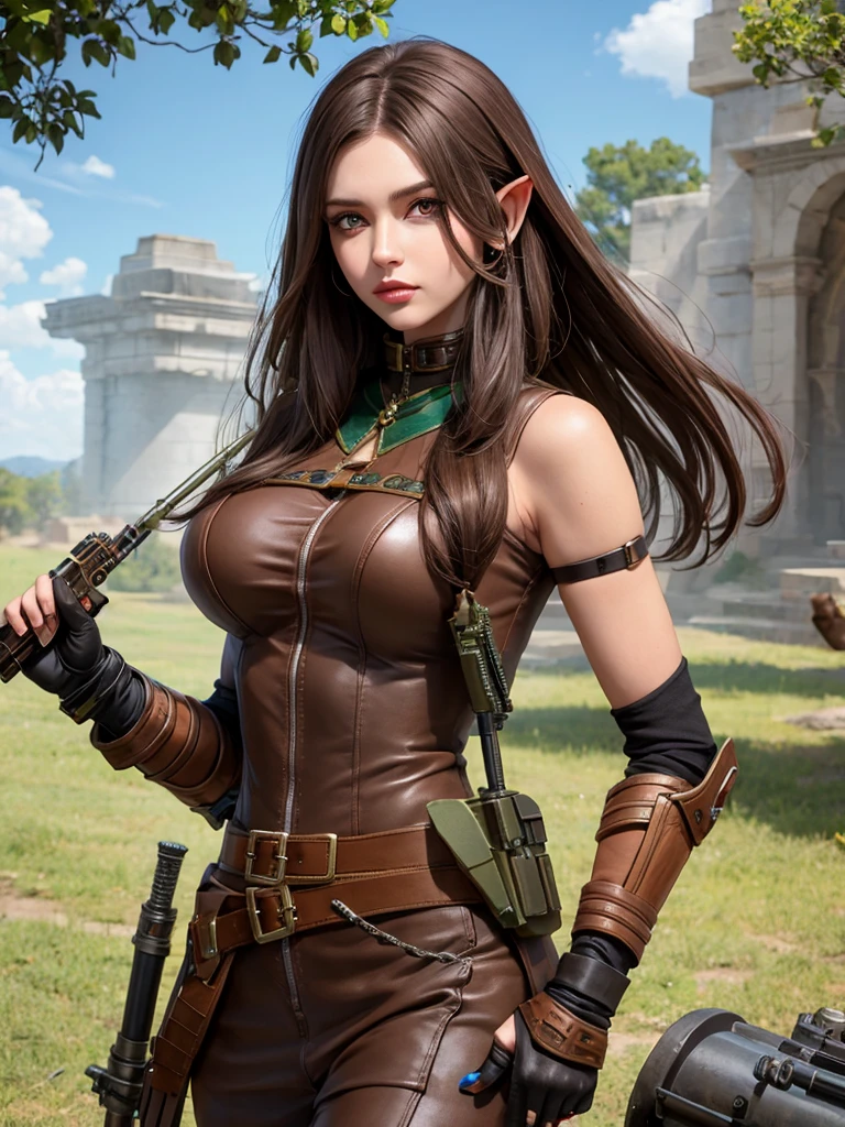 Elf beauty brown hair mercenary sniper mechanical warhammer style