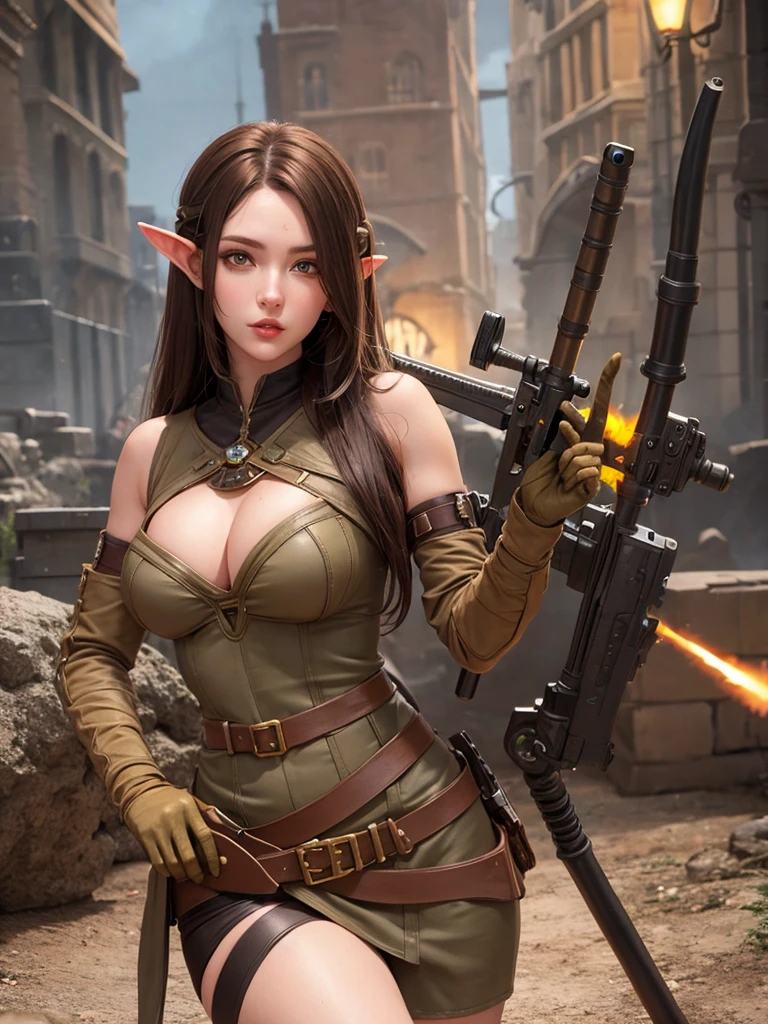 Elf beauty brown hair mercenary sniper mechanical warhammer style