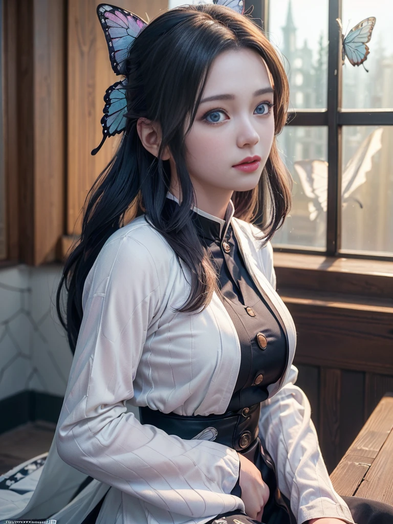 Tolerate, Demon slayer, Shinobu Kocho, anime, 22 years old, ((Butterfly themed costume, A black haori coat with a butterfly pattern, Brown full-body military uniform)), ((Tolerateコスプレ)), ((A very cute caucasian 22 years old mom cosplaying shinobu), ((Blur the background)), 1 person、girl, Wide range photograph撮影, Wide range, (beautiful girl), Long and beautiful face, Clear Face, Realistic Face, True Face, Absolute reality, ((Hot body)), ((Demon slayer dress)), ((Demon slayer)), ((Tolerateドレス)), ((Cosplay Dresses)), Huge , Covered, (((Realistic))), ((Dress neatly)), waist curve pose, surface side, (8K, RAWphotograph, Highest quality, masterpiece), (Realistic, Realistic: 1.9), ((Full Body Shot)), Stylish pose, ((Highly detailed skin: 1.2)), ((Realistic: 1.9)), photograph, masterpieces, Highest quality, (Beautiful Blue Eyes, Gorgeous pale gray black curly hair, White skin, Thick body, Coarse hairs on lower abdomen, perfect slim figure), Various poses, Highly detailed face, Fine grain, Many people are looking at her with excitement., (((close))), Light of the sun, Cinematic, ((photograph撮影)), photograph