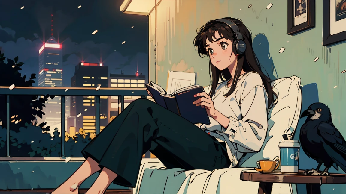 best quality, 8K, 1990s style,2010s hairstyles, 21 year old girl, black hair, long hair, light brown eyes, skin as white as snow, city pop,Crow, pants, in the room,night view, wearing headphones,reading a book, whole body, sitting on bed, relax coffee,table,confection,Looking at me
