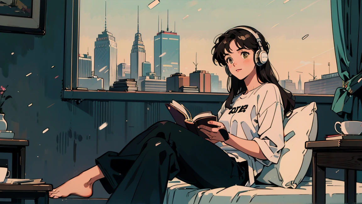 best quality, 8K, 1990s style,2010s hairstyles, 21 year old girl, black hair, long hair, light brown eyes, skin as white as snow, city pop,Crow, pants, in the room,night view, wearing headphones,reading a book, whole body, sitting on bed, relax coffee,table,confection,Looking at me